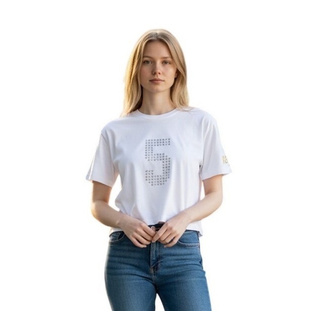 Reebok Women White Cropped Basketball Graphic Tee Star Number 5 RVW261TE02008 L